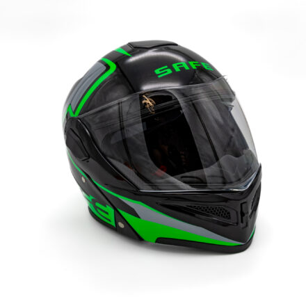 Каска за мотор SAFE модуларна с очила GREEN - l-57-58-cm